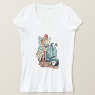 Schöner europäischer Reisender auf Retro Vespa Mop T-Shirt