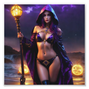 Schöner Fantasy-Hexenmeister mit Scepter Babe Fotodruck