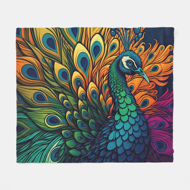 Schöner, farbenfroher Pfau, Art Deco Stil Fleecedecke (Vorderseite (Horizontal))