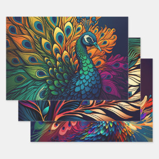 Schöner, farbenfroher Pfau, Art Deco Stil Geschenkpapier Set