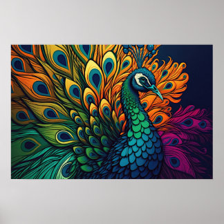 Schöner, farbenfroher Pfau, Art Deco Stil Poster