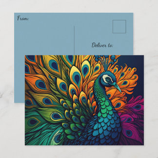 Schöner, farbenfroher Pfau, Art Deco Stil Postkarte