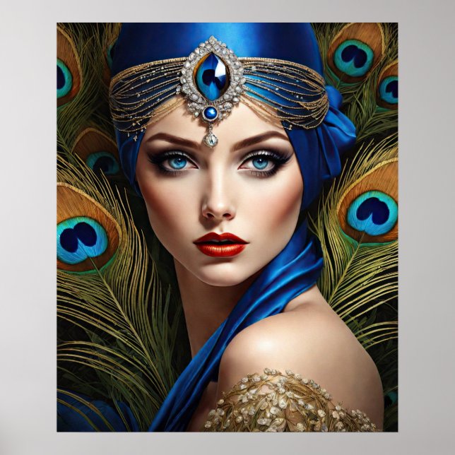 Schöner Flapper mit Peacock Turban Poster (Vorne)