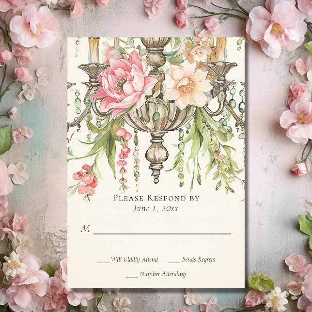 Schöner, floraler Kronleuchter RSVP Karte (Front - Beautiful Watercolor Floral Chandelier Wedding RSVP Card)