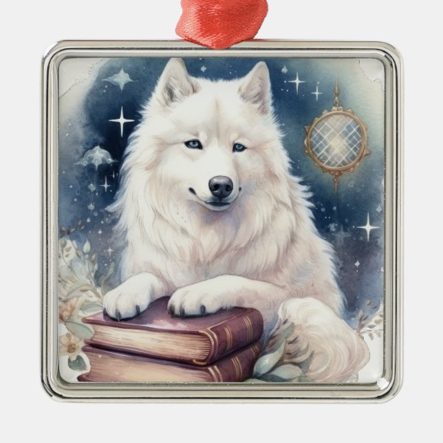 SCHÖNER FLÜFFE WEISS SAMOYED HUND ORNAMENT AUS METALL (Vorne)