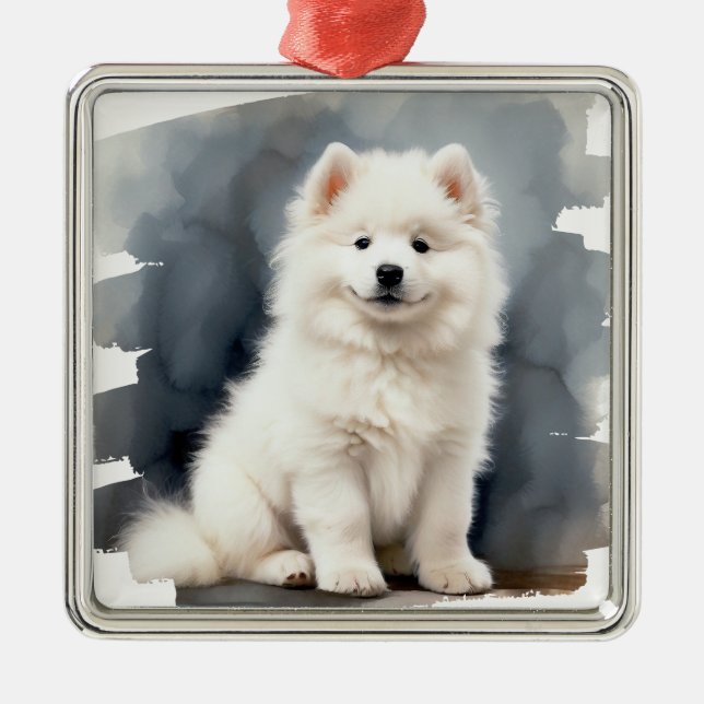 SCHÖNER FLÜFFE WEISS SAMOYED HUND ORNAMENT AUS METALL (Vorne)