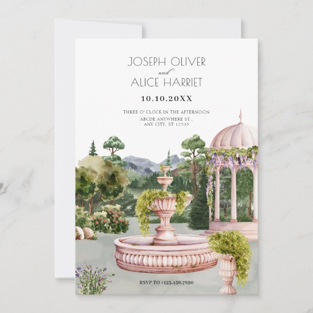 Schöner Garten mit Aquarellfarben, elegante Hochze Einladung (Vorderseite)