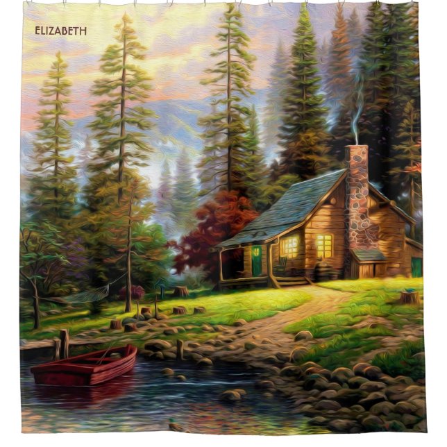 Schöner Gebirgshölzernes Chalet auf Fluss-Ufer Duschvorhang (Vorderseite)