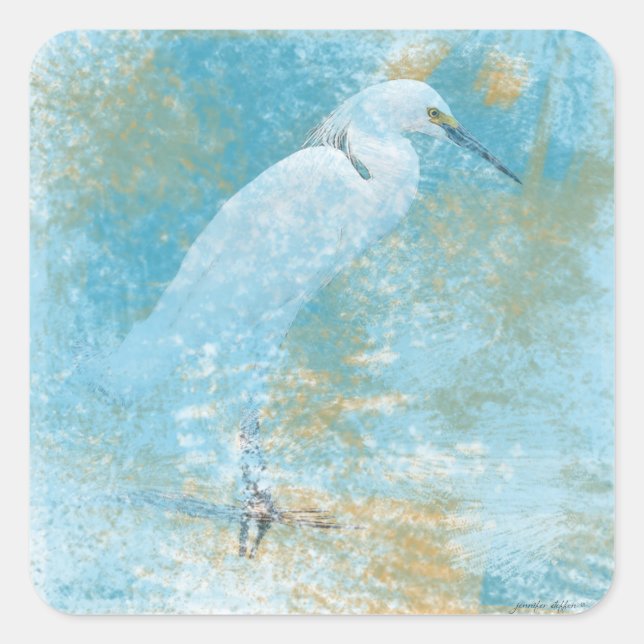 Schöner, gemalter Snowy Egret Coastal Bird Quadratischer Aufkleber (Vorderseite)