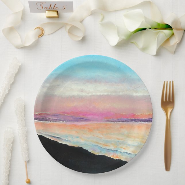 Schöner, gemalter Sonnenuntergang in Pastellfarben Pappteller (Hochzeit)