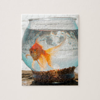 Schöner Goldfisch in Schüssel am Ozean