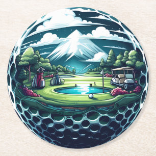 Schöner Golfplatz mit Kunst und Clubs Runder Pappuntersetzer