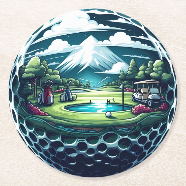 Schöner Golfplatz mit Kunst und Clubs Runder Pappuntersetzer (Vorderseite)