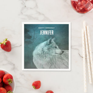 Schöner grauer Wolf am Geburtstag eines dunklen Wa Serviette