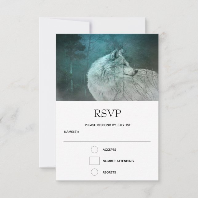 Schöner grauer Wolf bei einer Hochzeit im Dunkelwa RSVP Karte (Vorderseite)