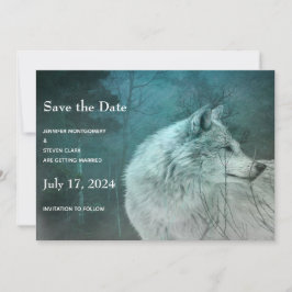 Schöner grauer Wolf bei einer Hochzeit im Dunkelwa Save The Date