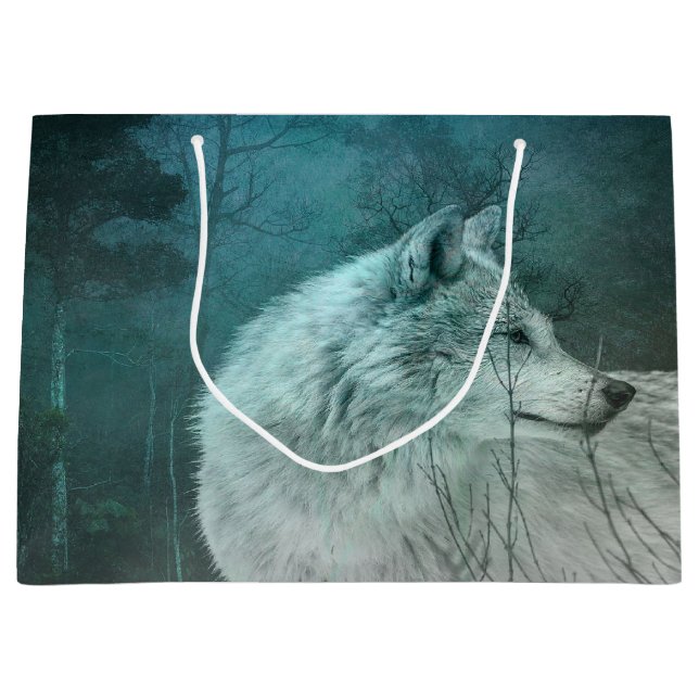 Schöner grauer Wolf in einem dunklen Wald Große Geschenktüte (Vorderseite)