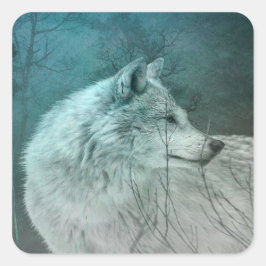 Schöner grauer Wolf in einem dunklen Wald Quadratischer Aufkleber