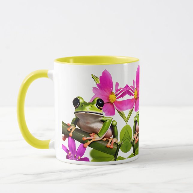 Schöner, grüner Frosch umgeben von rosa Blume Tasse (Links)