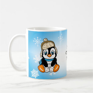 Schöner handgezogener Pinguin mit Schneebällen Kaffeetasse