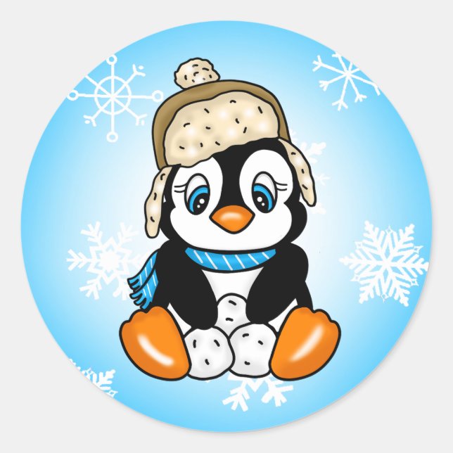 Schöner handgezogener Pinguin mit Schneebällen Runder Aufkleber (Vorderseite)
