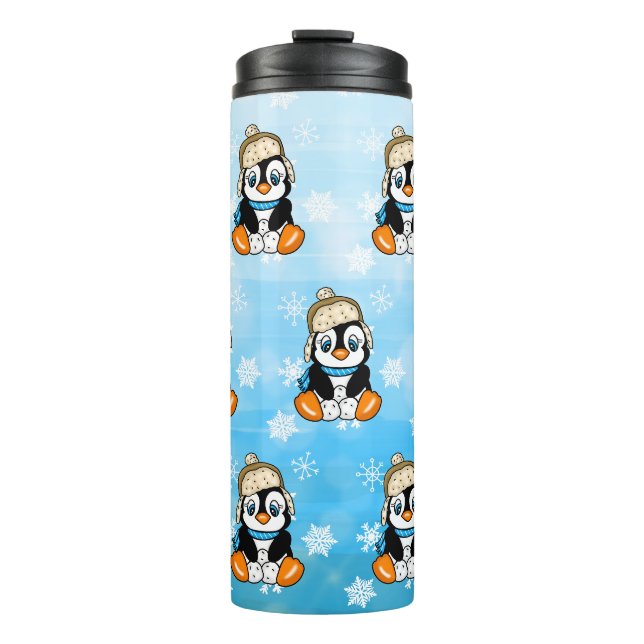 Schöner handgezogener Pinguin mit Schneebällen Thermosbecher (Vorderseite)