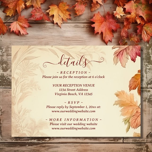 Schöner Herbst lässt Hochzeit im Herbst Details Begleitkarte (Front - Fall in Love Beautiful Autumn Leaves Fall Wedding Enclosure Card)