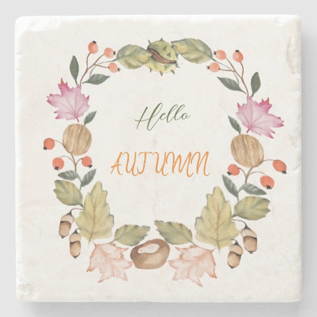 Schöner Herbstkranz mit Aquarellfarbe Steinuntersetzer (Vorderseite)