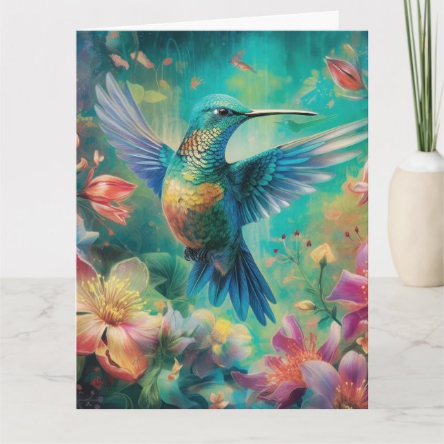 Schöner Hummingbird umgeben von Blume Karte (Vorderseite)