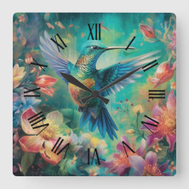 Schöner Hummingbird umgeben von Blume Quadratische Wanduhr