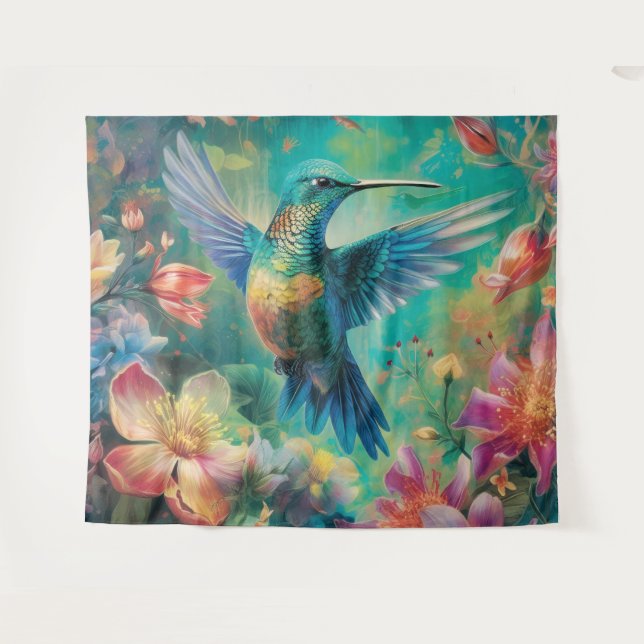 Schöner Hummingbird umgeben von Blume Wandteppich (Vorderseite (Horizontal))