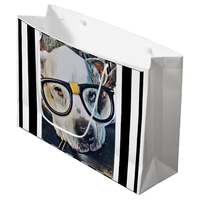 Schöner Hund mit Brillengeschenktasche  Große Geschenktüte (Vorderseite Schrägansicht)