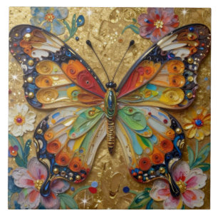 Schöner Impasto-Schmetterling und Blumen Fliese