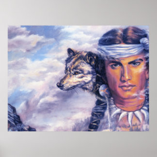 Schöner Indianer mit Wolf Poster