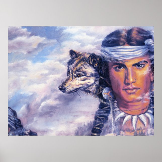 Schöner Indianer mit Wolf Poster (Vorne)