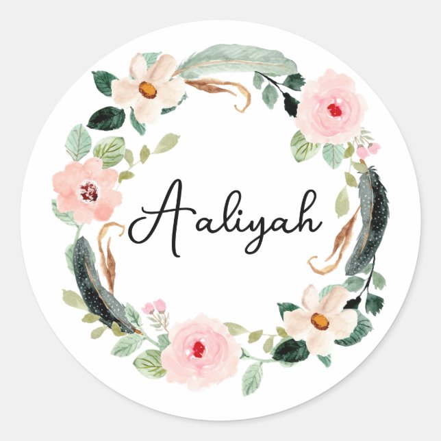 Schöner Individuelle Name Monogram Floral Wreath Runder Aufkleber (Vorderseite)