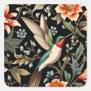 Schöner Kolibri auf dunklem floralem Hintergrund Quadratischer Aufkleber