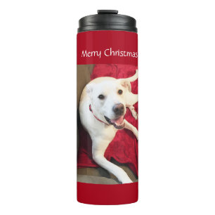 Schöner lächelnder weißer Welpenhund Weihnachten R Thermosbecher