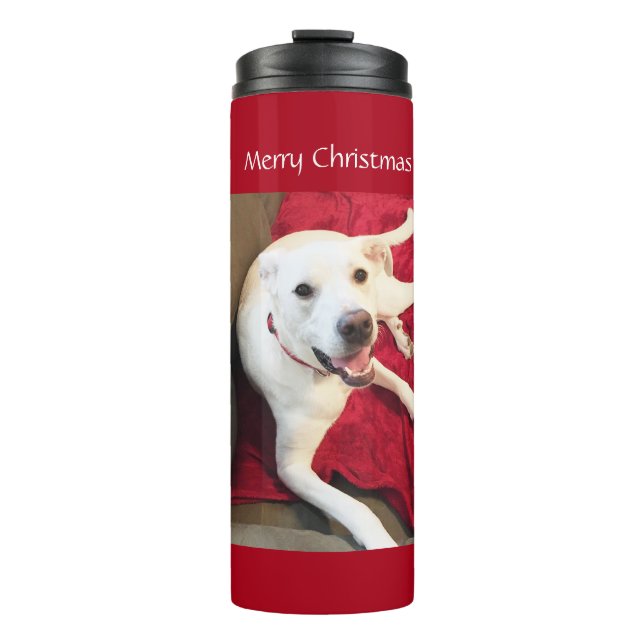 Schöner lächelnder weißer Welpenhund Weihnachten R Thermosbecher (Vorderseite)