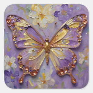 Schöner lila Schmetterling und Blumen Quadratischer Aufkleber