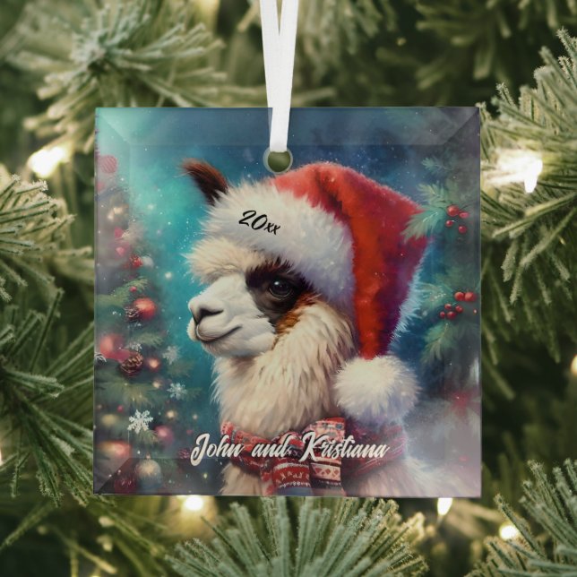 Schöner Llama in einer Weihnachtsmannmütze Ornament Aus Glas (Insitu)