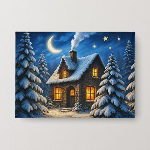 Schöner magischer Weihnachtswald und Haus Button