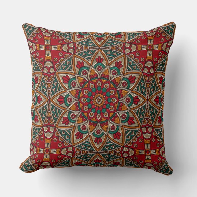 Schöner Mandala-Entwurf rot, aquamarines, orange Kissen (Vorderseite)