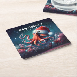 Schöner Oktopus in Weihnachtsmannmütze Rechteckiger Pappuntersetzer