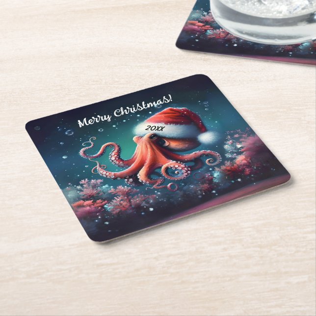 Schöner Oktopus in Weihnachtsmannmütze Rechteckiger Pappuntersetzer (angewinkelt)