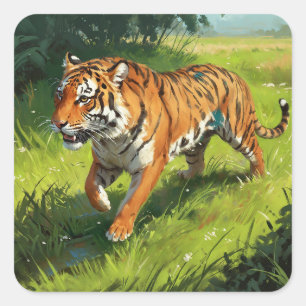 Schöner Orange Tiger Lauf in Dschungel Quadratischer Aufkleber