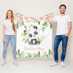 Schöner Panda Bär Rosa Blumengrün Fleecedecke