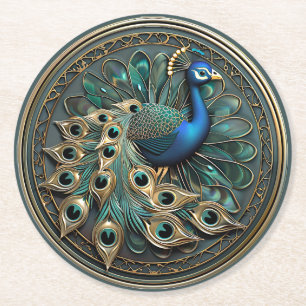 Schöner Pfau Blau Gold Türkis Art Deco   Runder Pappuntersetzer