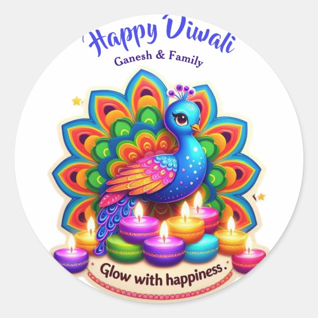 Schöner Pfau mit Diya Personalisiert Diwali Runder Aufkleber (Vorderseite)