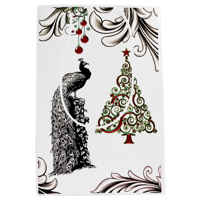 Schöner Pfau und Weihnachtsbaum Urlaub Mittlere Geschenktüte (Vorderseite)